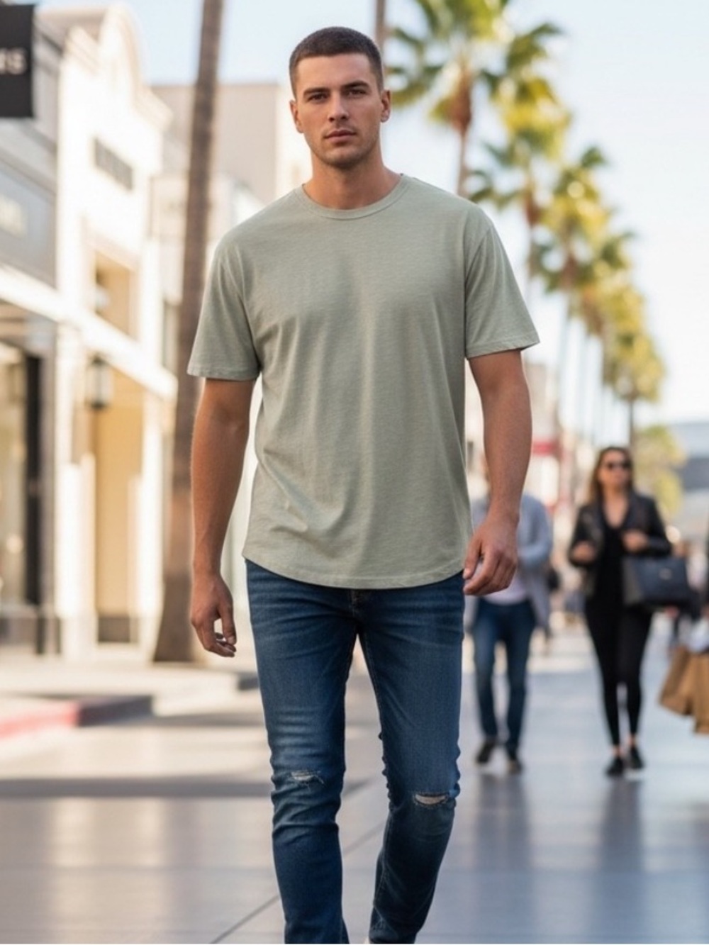Buck Mason Curved Hem Tee in Sage Green